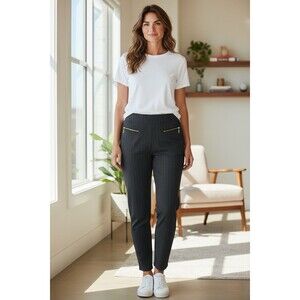 Docelle Black Pinstripe Women’s Pants With Zip Gold Size L Business Casual